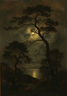 a painting with trees and the moon in the sky above it, on a dark night