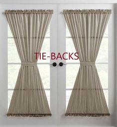 two windows with curtains and the words tie - backs written on them in red