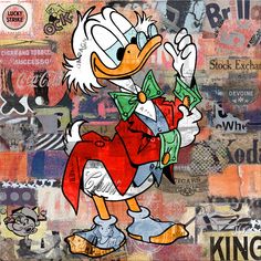 an image of donald duck with money in his hand and words on the wall behind him