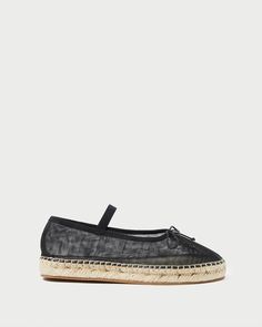 Shop the Kayla Black Mesh Ballet Espadrille at Loefflerrandall.com Black Mesh Top, Black Espadrilles, Caramel Color, Silhouette Crafts, Letter Charms, Seasonal Fashion, Bow Detail, Black Mesh, 1 Inch