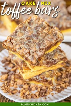 three pieces of cake mix toffee bars stacked on top of each other