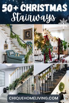 stairs decorated with christmas garlands and greenery are featured in this postcard collage