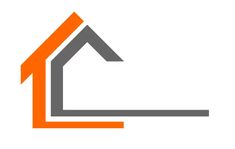 an orange and gray house logo on a white background