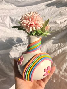 "5\" tall handmade decorated ceramic vase. Makes a colorful home accent for any boho or modern style home. Features rainbows, flowers, modern 3d dots, and sculptural details. | 5\" Tall Retro Eclectic Colorful Bud Vase, Cute Ceramic Vase, Rainbow Pot Planter,modern Ceramic Vase, Pastel Color Ceramics, Boho Home Decor" Air Clay Vase, Air Dry Clay Vase, Clay Vase Ideas, Cute Ceramic Vase, Airdryclay Ideas, Aesthetic Vases, Eclectic Vases, Aesthetic Vase, Vase Cute