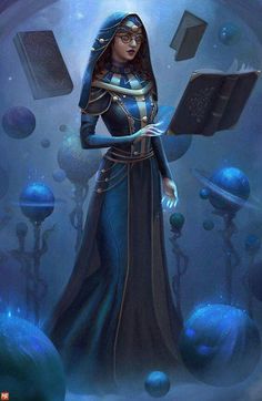 an image of a woman holding a book in her hands and looking at it while surrounded by planets