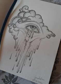 a drawing of an eye in the clouds with water coming out of its iris's eyes