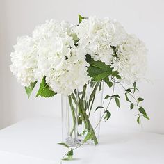 a clear vase filled with white flowers on top of a table