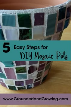 a flower pot with the words 5 easy steps for diy mosaic pots on it