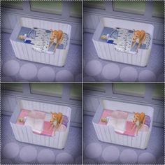 four different pictures of a dog laying in a bed