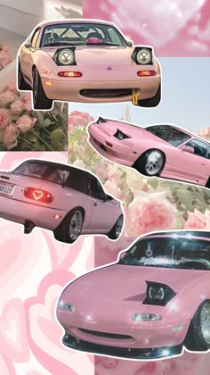 the pink car is parked in front of roses