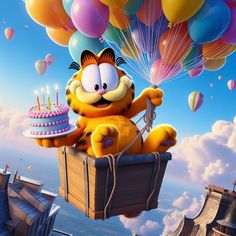 garfield the cat is flying with balloons and a birthday cake in his hand as he flies through the sky on a hot air balloon