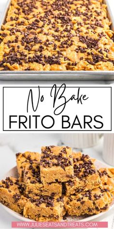 no bake frito bars with chocolate chips on top and in the background, there is