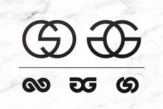 three logos with the letters g and c in black on a white marble background,