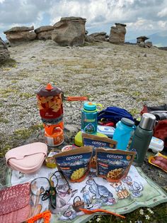 an assortment of food and drinks on a blanket in the middle of a grassy field