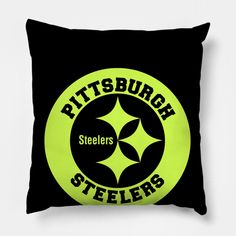 a black and yellow pillow with pittsburgh steeles on it