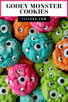 colorful monster cookies with googly eyes on them and text overlay that reads, goody monster cookies