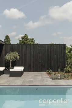 an empty pool with two lounge chairs and a small tree in the corner next to it