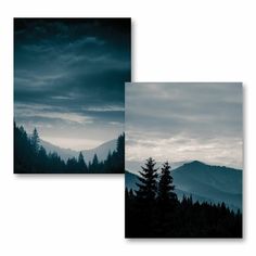 two pictures with trees and mountains in the background, one is black and white while the other is blue