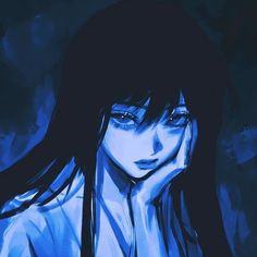 a woman with long black hair and blue eyes is staring at something in the distance