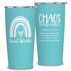 two blue tumblers with the words chaos and social worker on them