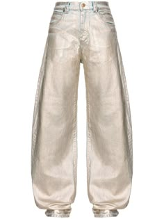 PINKO Metallic wide-leg Jeans - Farfetch Paddock Outfit, Yoko London, City Dress, Relaxed Fit Jeans, Summer Beach Wear, Denim Design, Pocket Jeans, Jeans Denim, Wide Leg Jeans