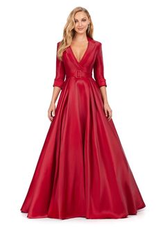 This stunning satin ball gown features a v-neckline. The bustier is complete with a wrap lapel that gives way to a buckled belt. *pssst...it also has pockets!* This dress is a final sale. No Returns or Exchanges. Formal Satin Gown With V-neck, Formal Satin V-neck Gown, Formal V-neck Satin Gown, Formal Satin Ball Gown, Belted V-neck Wedding Dress, Formal Satin Belted Dress, Long Sleeve Formal Dress, Sleeve Formal Dress, Satin Ballgown