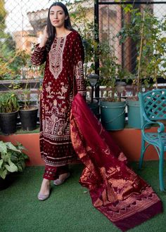 Buy Micro Velvet Formal Salwar Kameez for Girls in Wine Red Shade a Soulful Pakistani Dress. This Formal Salwar Kameez can be Customized. Fast Shipping. Red Dupatta With Dabka Work, Red Semi-stitched Designer Kurta, Designer Red Unstitched Suit, Designer Red Salwar Kameez With Dupatta, Red Sets With Printed Motifs In Traditional Drape, Red Sets With Printed Motifs And Traditional Drape, Red Kurta With Printed Motifs In Traditional Drape, Red Traditional Drape Sets With Printed Motifs, Red Traditional Wear With Printed Motifs For Navratri