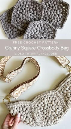 crocheted granny square cross body bag with text overlay