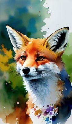 a watercolor painting of a red fox