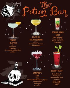 a poster with different types of cocktails and their names on the back ground, including drinks