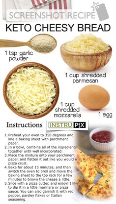 the instructions for making keto cheese bread are shown in this poster, and it is also