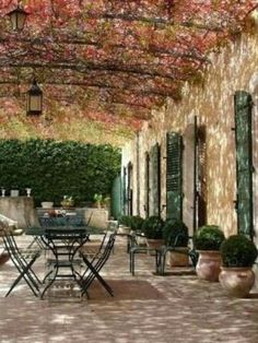 an outdoor dining area with tables and chairs under a pergolated roof covered in pink flowers