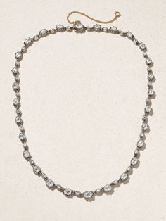 Extremely rare and collectible, Stephanie Windsor's rivière necklace dates back to circa 1890. It's cast from silver and gold and has naturally developed a beautiful patina over time. The 19.00-carats of shimmering diamonds are rose-cut and collet-set - both typical techniques of jewelry from the Georgian era. Antique White Gold Diamond Necklace With Single Cut Diamonds, Vintage Formal Necklace With Single Cut Diamonds, Vintage Single Cut Diamond Necklace For Formal Occasions, Vintage Single Cut Diamond Necklaces For Formal Occasions, Vintage Necklace With Single Cut Diamonds For Formal Occasions, Victorian Diamond Necklace With Single Cut Diamonds For Formal, Victorian Style Formal Diamond Necklace With Single Cut Diamonds, Antique White Gold Necklace With Single Cut Diamonds, Vintage Diamond Necklace With Single Cut Diamonds