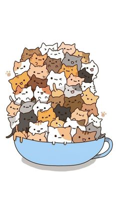 a bowl filled with lots of cats sitting on top of it's side,