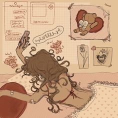 a drawing of a woman laying in bed with a teddy bear next to her and writing on the wall