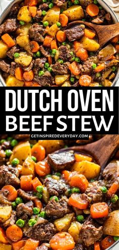 this dutch oven beef stew is loaded with carrots, potatoes and peas it's ready to be eaten