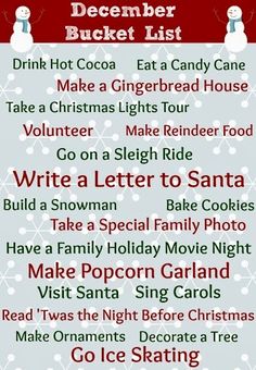 a christmas bucket list is shown with snowmen and santa clause on the back ground