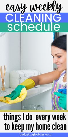 a woman is cleaning the shelves in her house with gloves on and yellow mitts