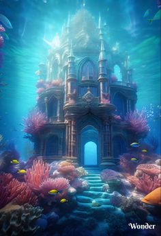 an underwater castle surrounded by corals and fish