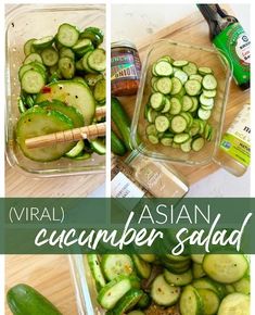 several pictures of different types of cucumber salad