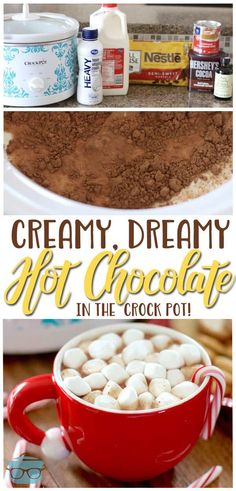 hot chocolate in the crock pot with marshmallows on top and other ingredients