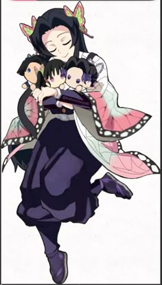 an anime character holding two small children