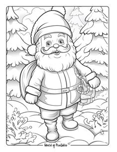 santa claus is walking through the woods coloring page