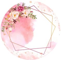 a pink watercolor circle with gold geometric frame and flowers on the top, in front of a white background