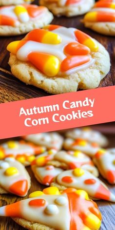 some cookies with candy on them and the words autumn candy corn cookies above it in white letters