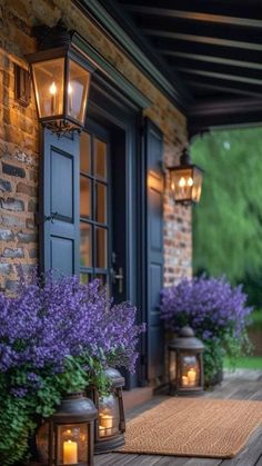 purple flowers and lanterns on the porch