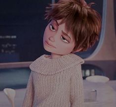 the animated character is wearing a sweater and looking at something in front of her face