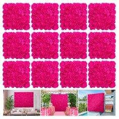 pink flowers are arranged on the side of a wall