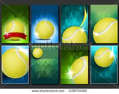 tennis balls with red ribbon on green and blue background, set of four different images