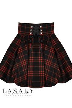 Lasaky - High-Waisted Ruffled A-Line Skirt in Dark-Colored Plaid with Wide Waist Grid Skirt, Gothic Skirt, Red Plaid Skirt, Rok Mini, Goth Outfit, Plaid Wool Skirt, Plaid Mini Skirt, Plaid Skirt, Red And Black Plaid